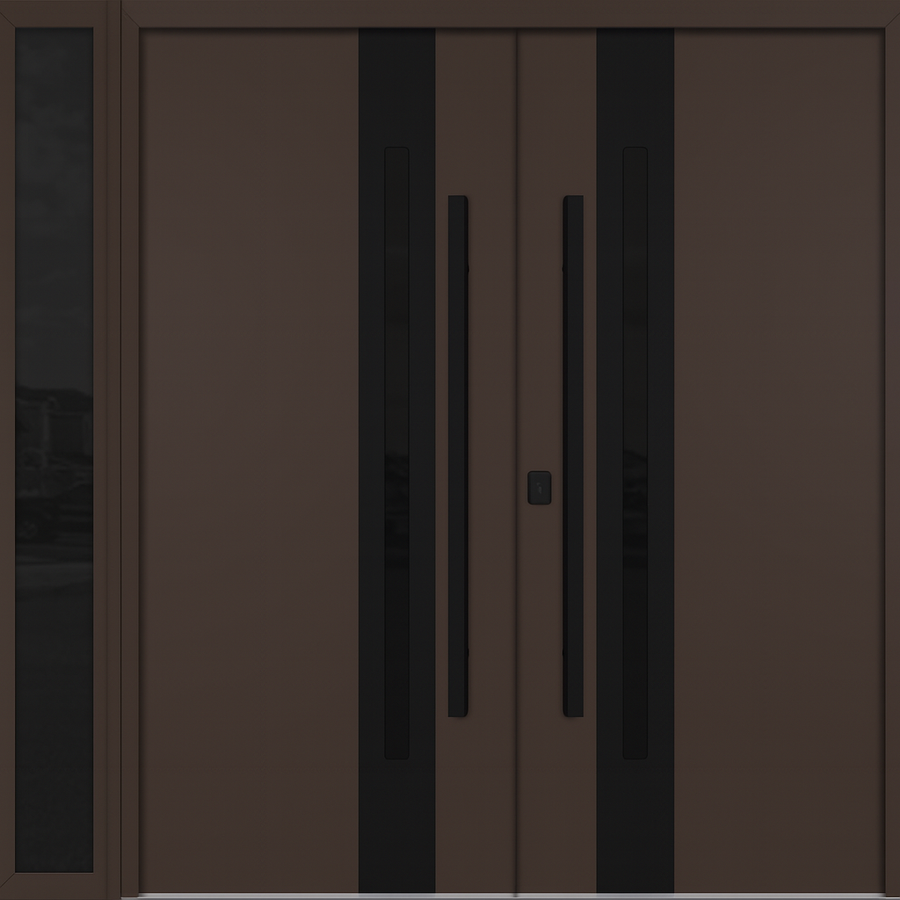 Nova Inox S2 Modern Exterior Double Door W/ (1) 12" Sidelight - Unit 86x81 3/8 - Black Stainless - Brown - Doors and Beyond