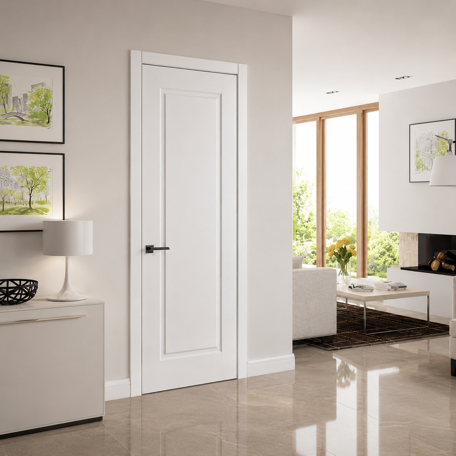 Nova 1 Panel Soft White Laminated Modern Single Pre-Hung Door - Doors and Beyond
