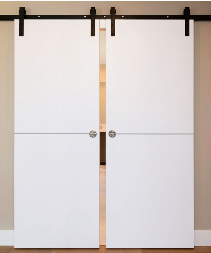 Nova Glam Pro 007 Soft White Laminated Modern Double Barn Door - Doors and Beyond