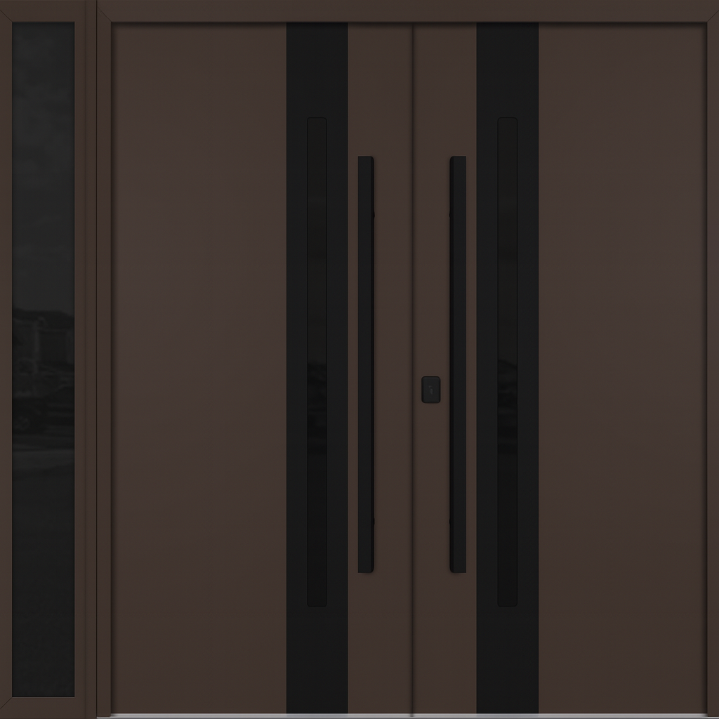 Nova Inox S2 Modern Exterior Double Door W/ (1) 12" Sidelight - Unit 86x81 3/8 - Black Stainless - Brown