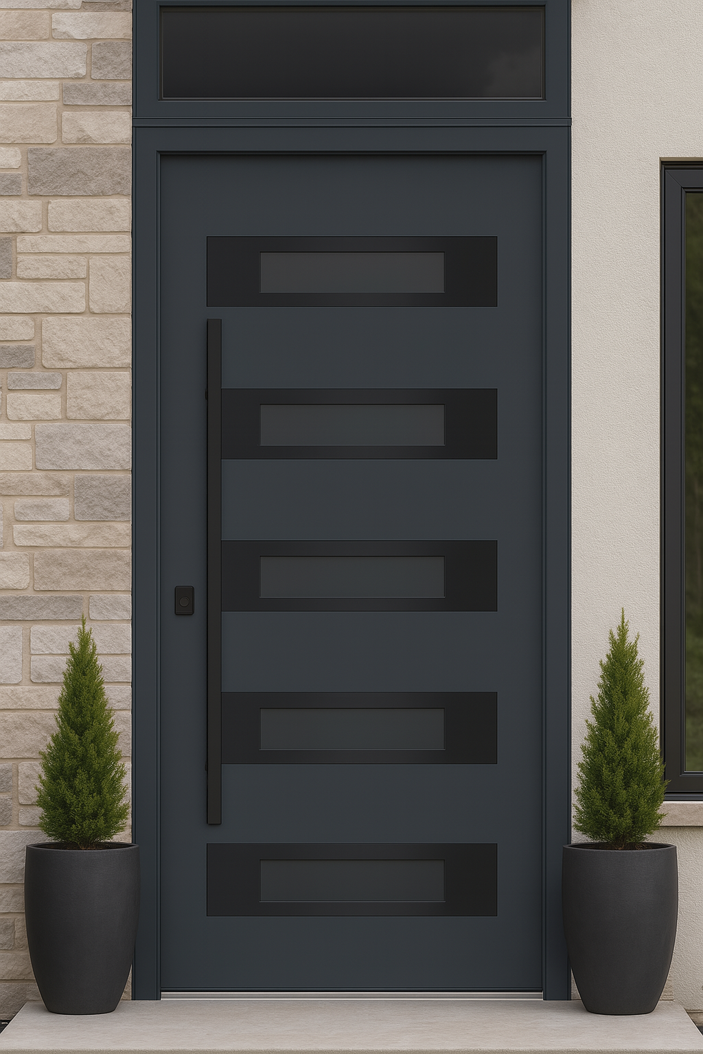 Nova Inox S5 Modern Exterior Single Door 36x80 Black Stainless Steel with Transom - Unit Size 38 x 95 1/2”- Gray - Doors and Beyond