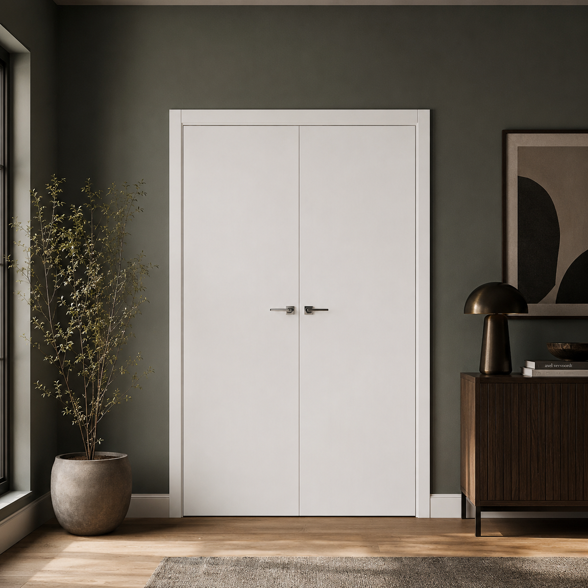 Nova Glam Pro 001 Soft White Laminated Modern Double Pre-Hung Door - Doors and Beyond