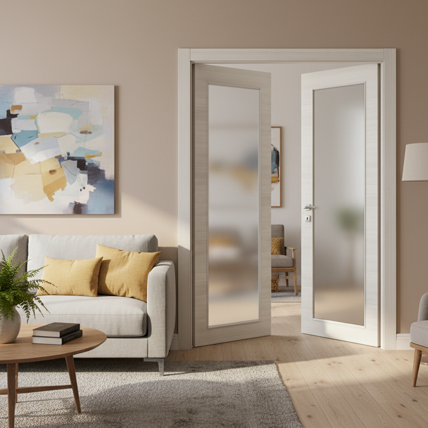 Nova 1-Lite Braga Crema Matrix CPL  Modern Double Pre-Hung Door - Doors and Beyond