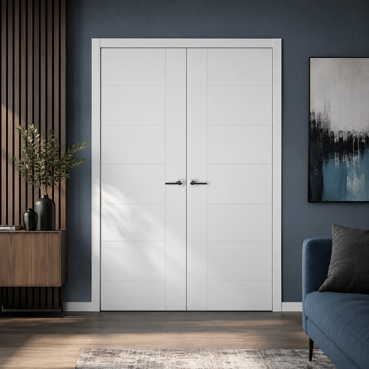 Nova Groove Soft White Laminated Modern Double Pre-Hung Door - Doors and Beyond