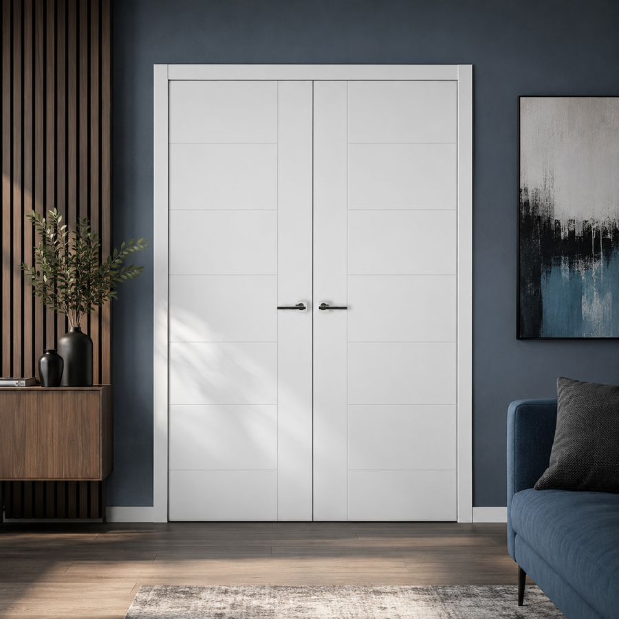 Nova Groove Soft White Laminated Modern Double Pre-Hung Door - Doors and Beyond