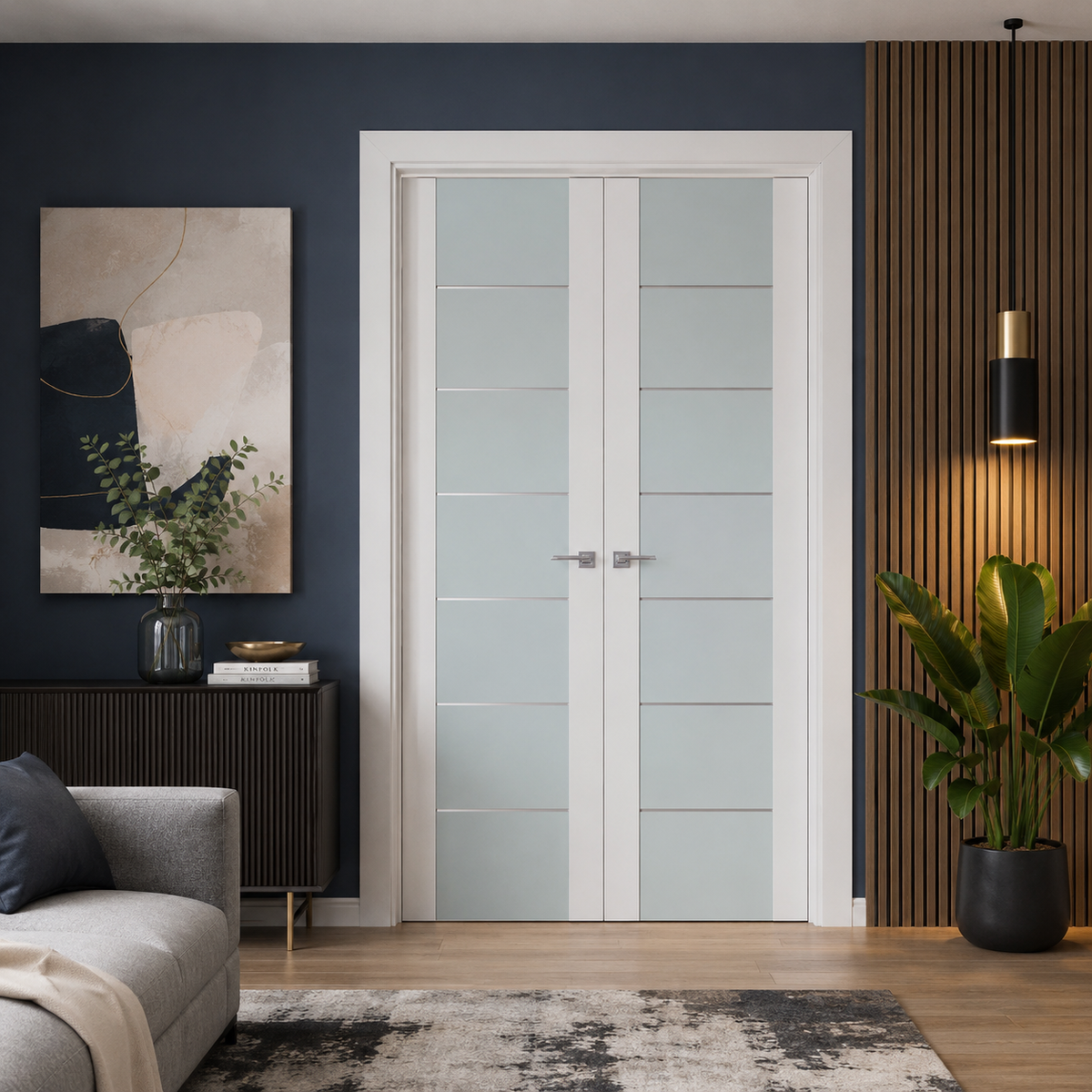 Nova Triplex 009 Soft White Laminated Modern Double Pre-Hung Door - Doors and Beyond