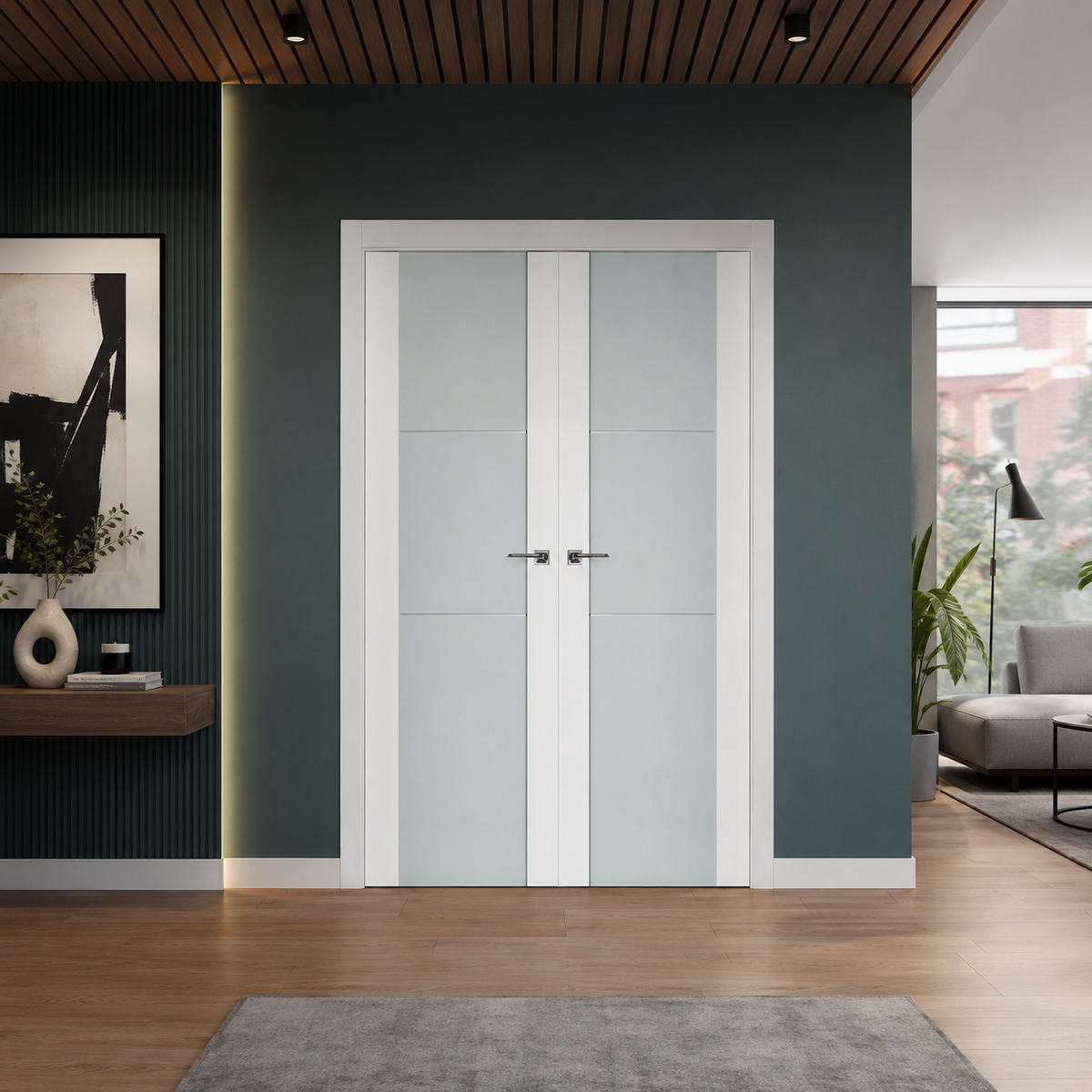 Nova Triplex 004 Soft White Laminated Modern Double Pre-Hung Door - Doors and Beyond