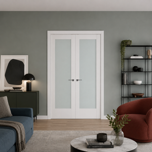 Nova Triplex 056 Soft White Laminated Modern Double Pre-Hung Door - Doors and Beyond