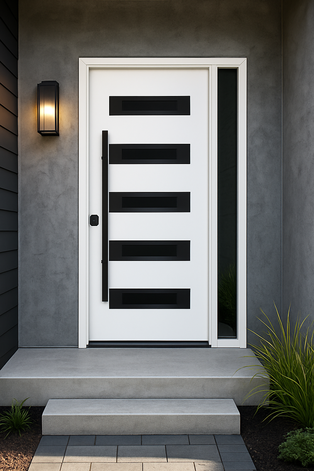 Nova Inox S5 Modern Exterior Single Door W/ (1) 12" Sidelight - Unit 50x81 3/8 Black Stainless Steel - White - Doors and Beyond