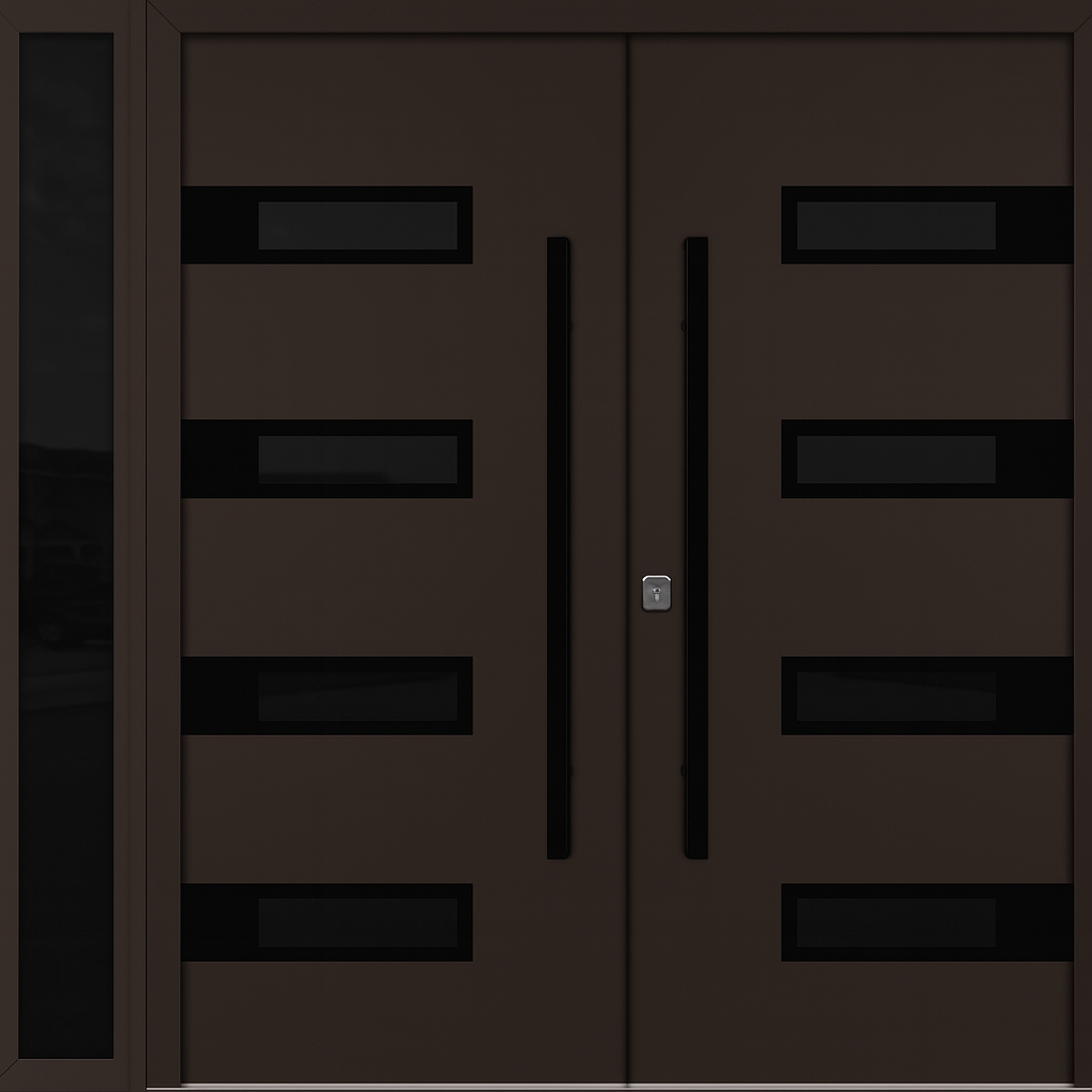 Nova Inox S4 Modern Exterior Double Door W/ (1) 12" Sidelight - Unit 86x81 3/8 - Black Stainless - Brown
