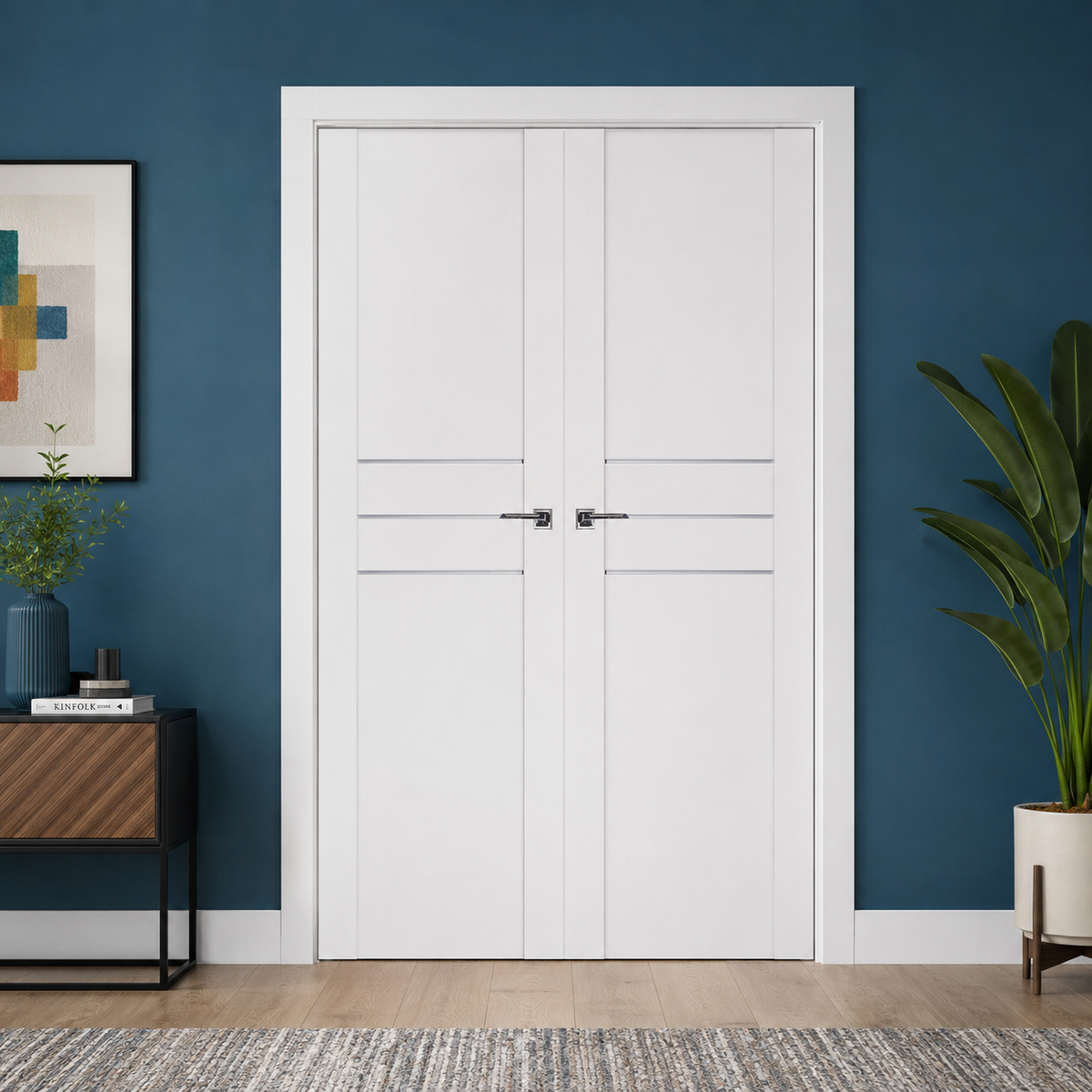 Nova Stile 005 Soft White Laminated Modern Double Pre-Hung Door - Doors and Beyond