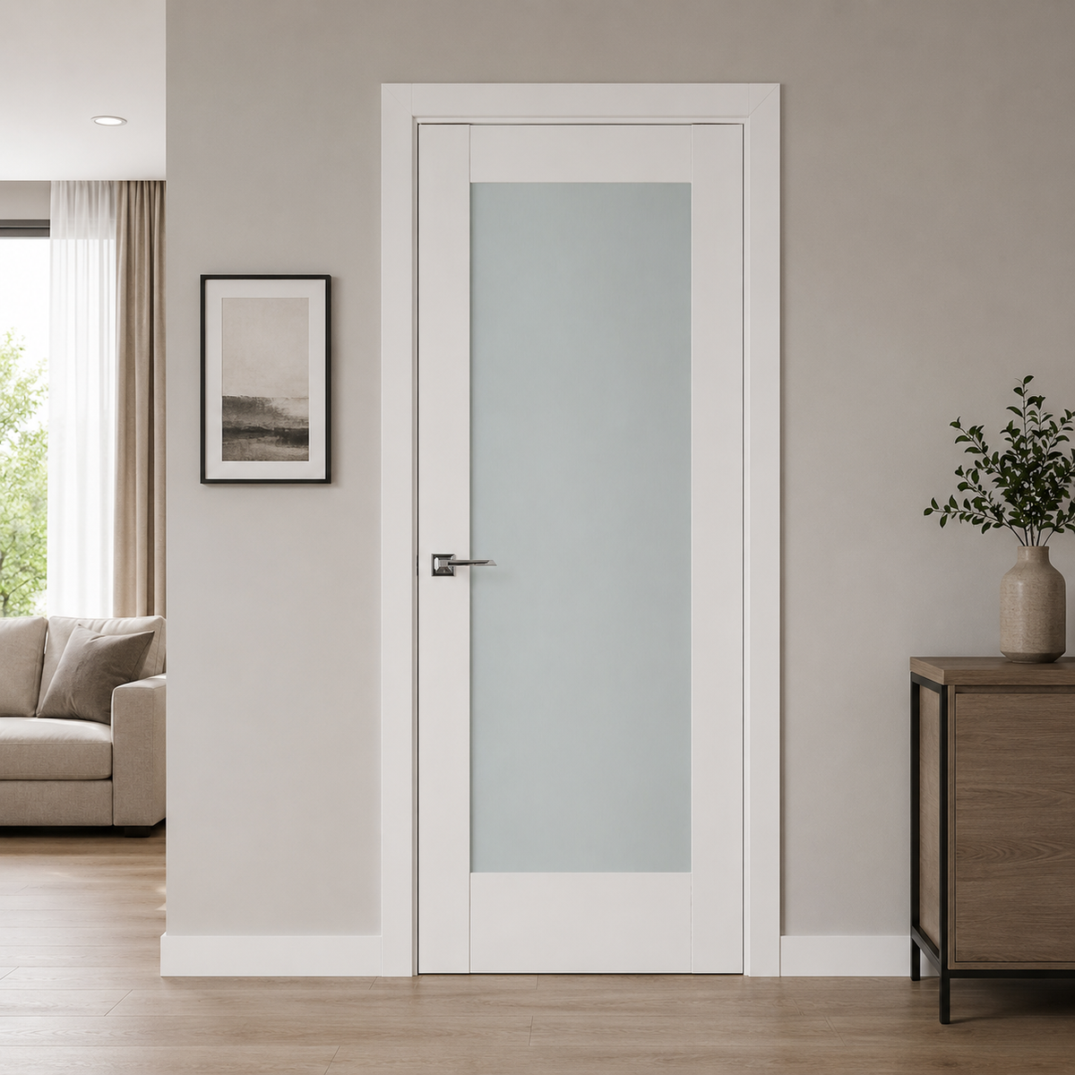 Nova Triplex 056 Soft White Laminated Modern Pre-Hung Door - Doors and Beyond