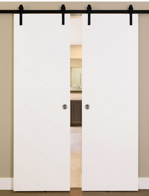 Nova Slant Soft White Laminated Modern Double Barn Door - Doors and Beyond