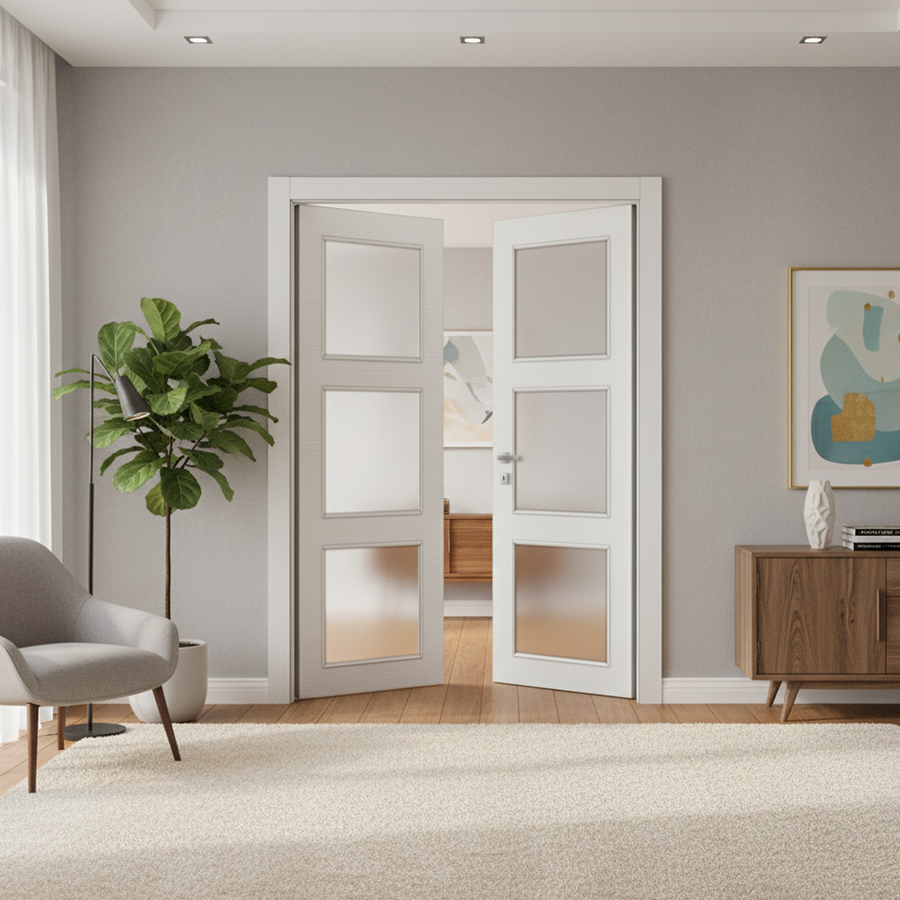 Nova 3-Lite Braga Bianco Matrix CPL Modern Double Pre-Hung Door - Doors and Beyond
