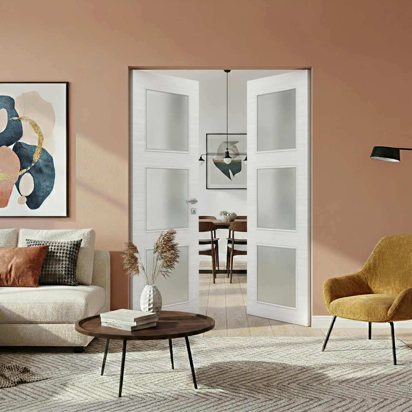 Braga 3-Lite Bianco Matrix CPL Frameless Modern Double Door - Doors and Beyond