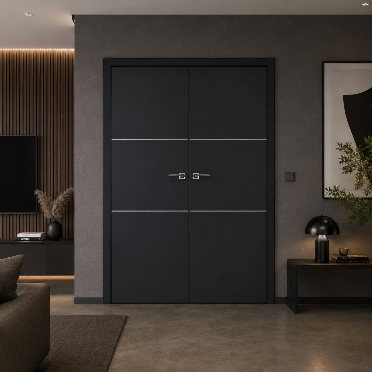 Nova Glam Pro 006 Soft Black Laminated Modern Double Pre-Hung Door - Doors and Beyond