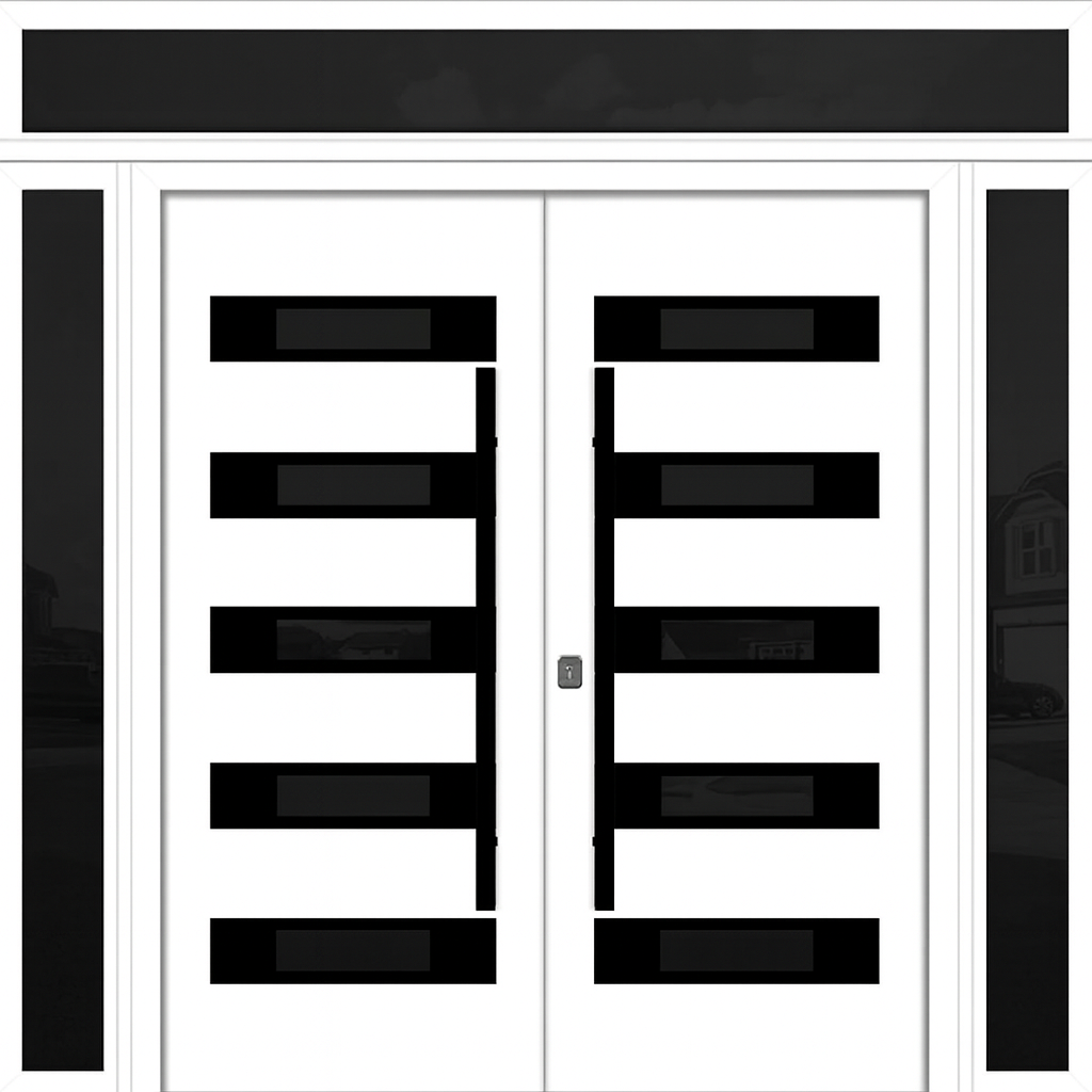 Nova Inox S5 Modern Exterior Double Door 72x80 W/ (2) 12" Sidelight and Transom - Unit 98x95 3/8 - Black Stainless - White - Doors and Beyond
