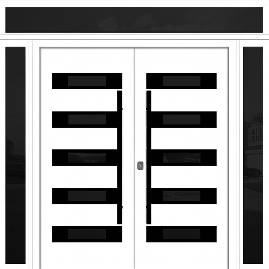 Nova Inox S5 Modern Exterior Double Door 72x80 W/ (2) 12" Sidelight and Transom - Unit 98x95 3/8 - Black Stainless - White - Doors and Beyond