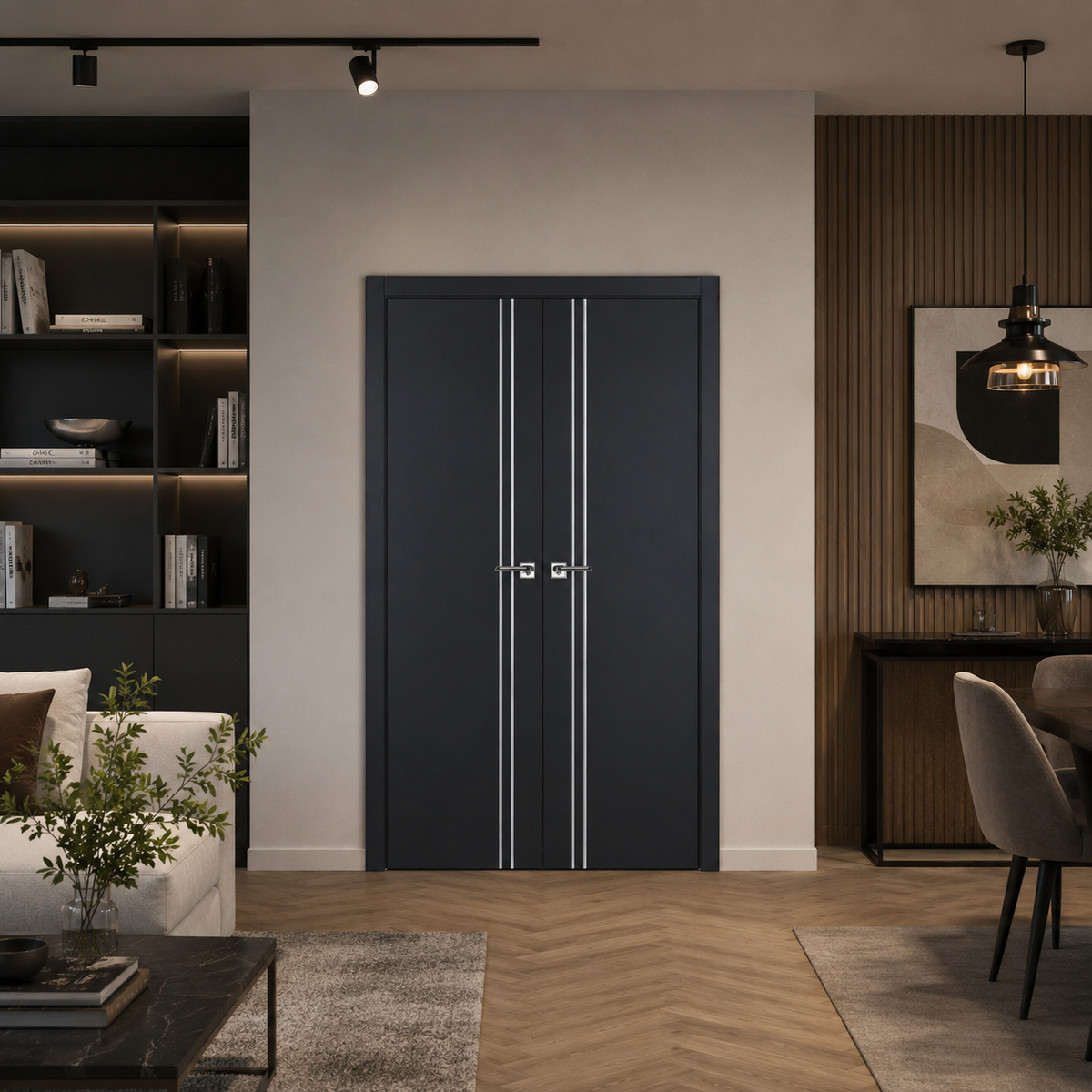 Nova Glam Pro 002 Soft Black Laminated Modern Double Pre-Hung Door - Doors and Beyond