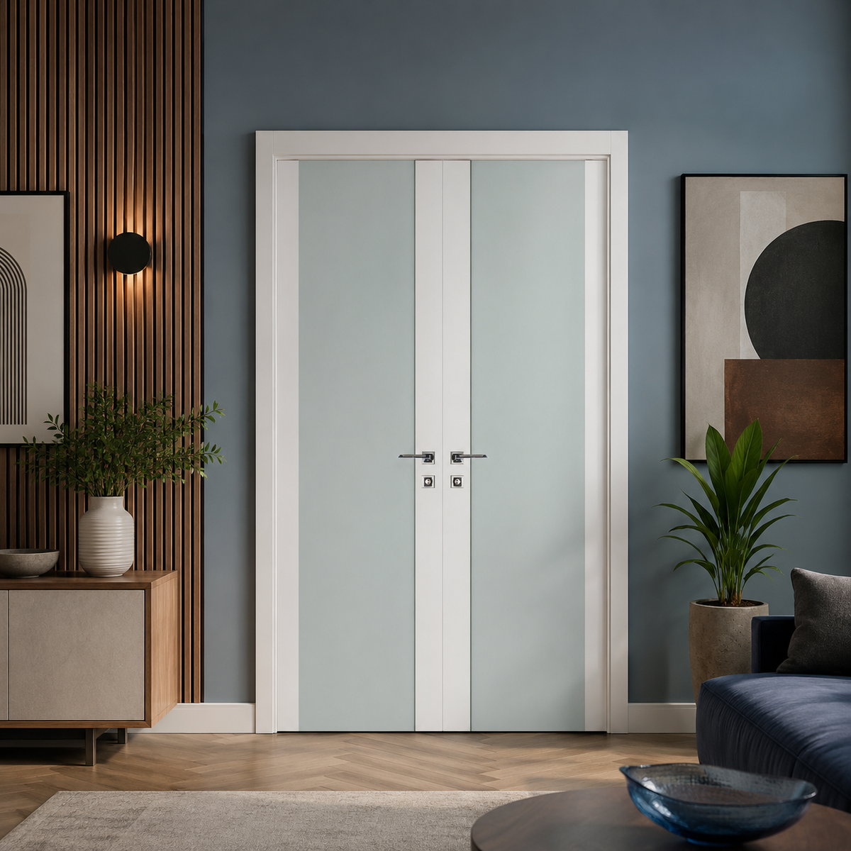 Nova Triplex 001 Soft White Laminated Modern Double Pre-Hung Door - Doors and Beyond