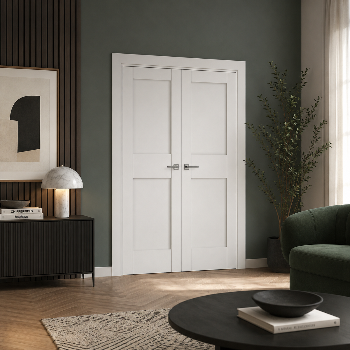 Nova Stile 043 Soft White Laminated Modern Double Pre-Hung Door - Doors and Beyond