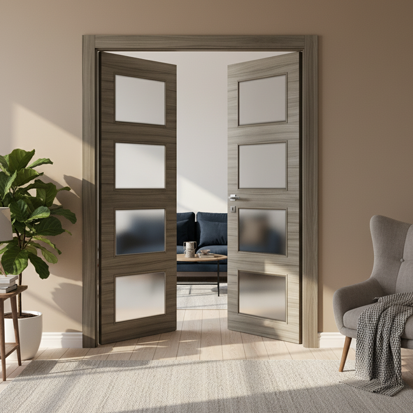 Nova 4-Lite Braga Palissandro  Matrix CPL  Modern Double Pre-Hung Door - Doors and Beyond