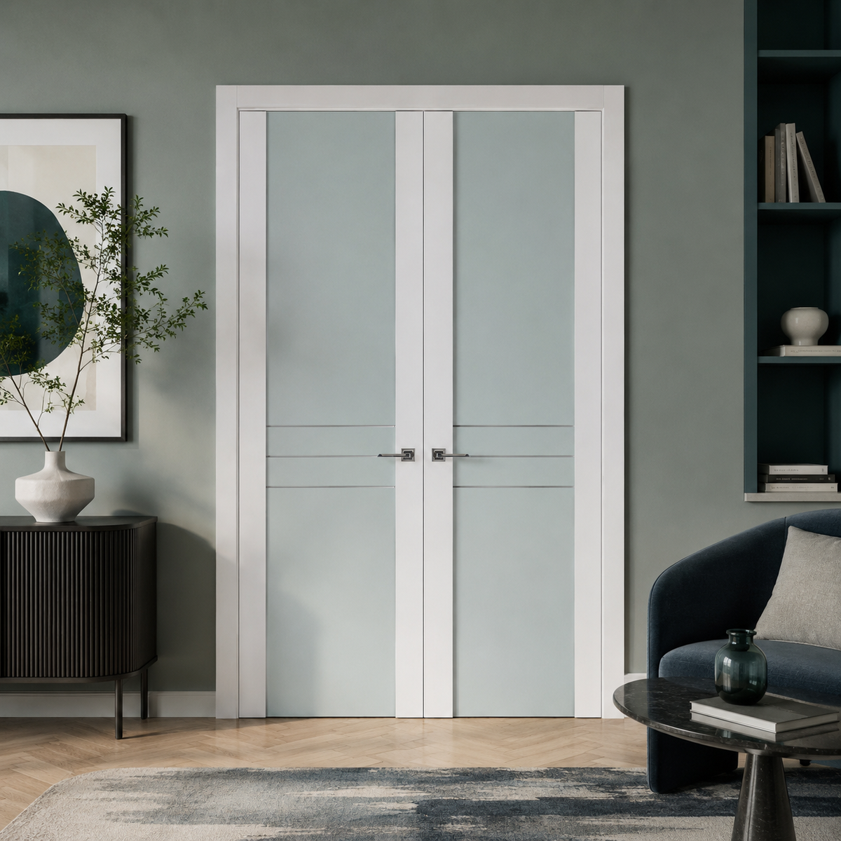 Nova Triplex 005 Soft White Laminated Modern Double Pre-Hung Door - Doors and Beyond