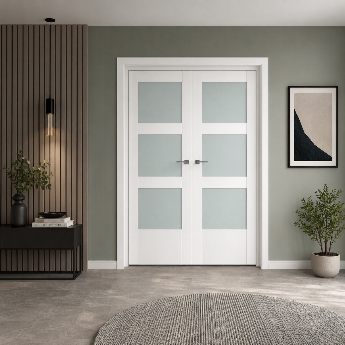 Nova Triplex 058 Soft White Laminated Modern Double Pre-Hung Door - Doors and Beyond