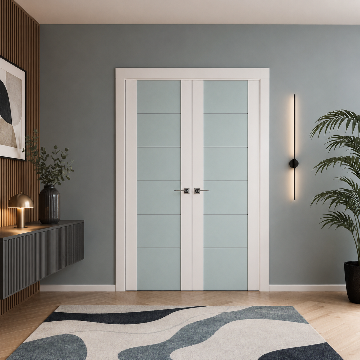 Nova Triplex 008 Soft White Laminated Modern Double Pre-Hung Door - Doors and Beyond