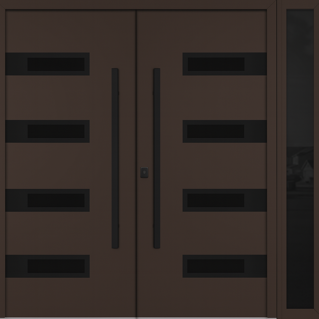 Nova Inox S4 Modern Exterior Double Door W/ (1) 12" Sidelight - Unit 86x81 3/8 - Black Stainless - Brown