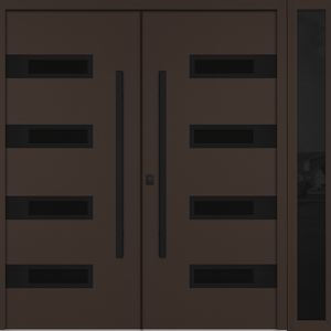 Nova Inox S4 Modern Exterior Double Door W/ (1) 12" Sidelight - Unit 86x81 3/8 - Black Stainless - Brown - Doors and Beyond