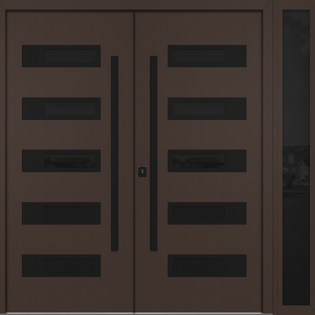 Nova Inox S5 Modern Exterior Double Door W/ (1) 12" Sidelight - Unit 86x81 3/8 - Black Stainless - Brown