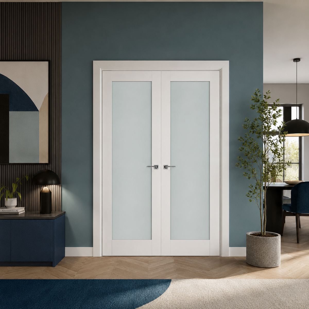 Nova Triplex 054 Soft White Laminated Modern Double Pre-Hung Door - Doors and Beyond