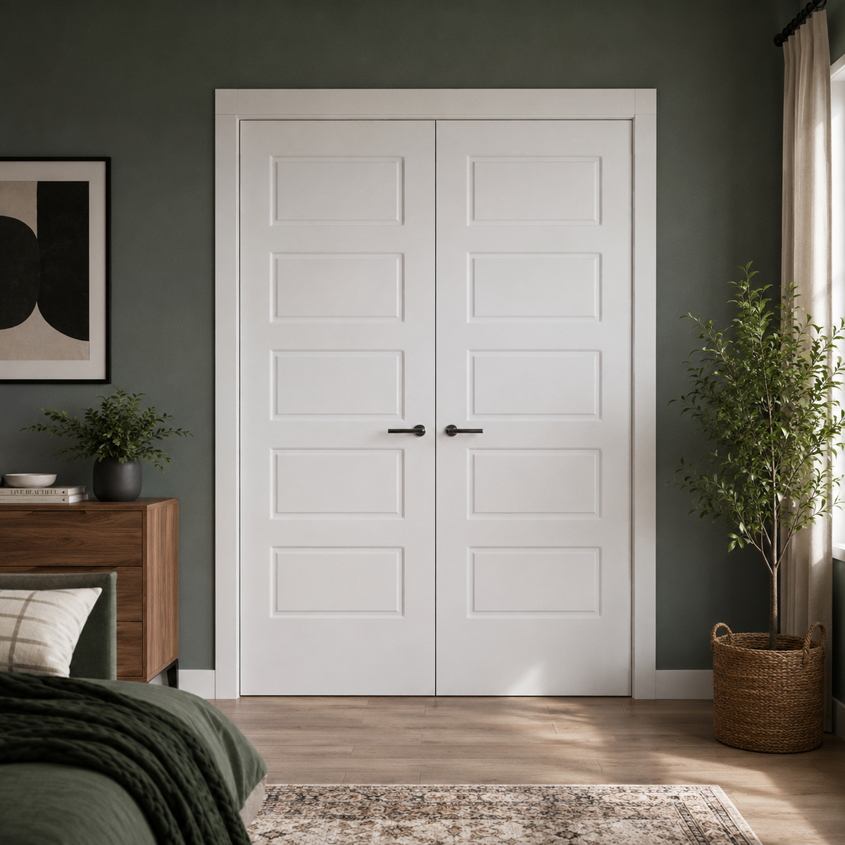 Nova 5 Panel Soft White Laminated Modern Double Pre-Hung Door - Doors and Beyond