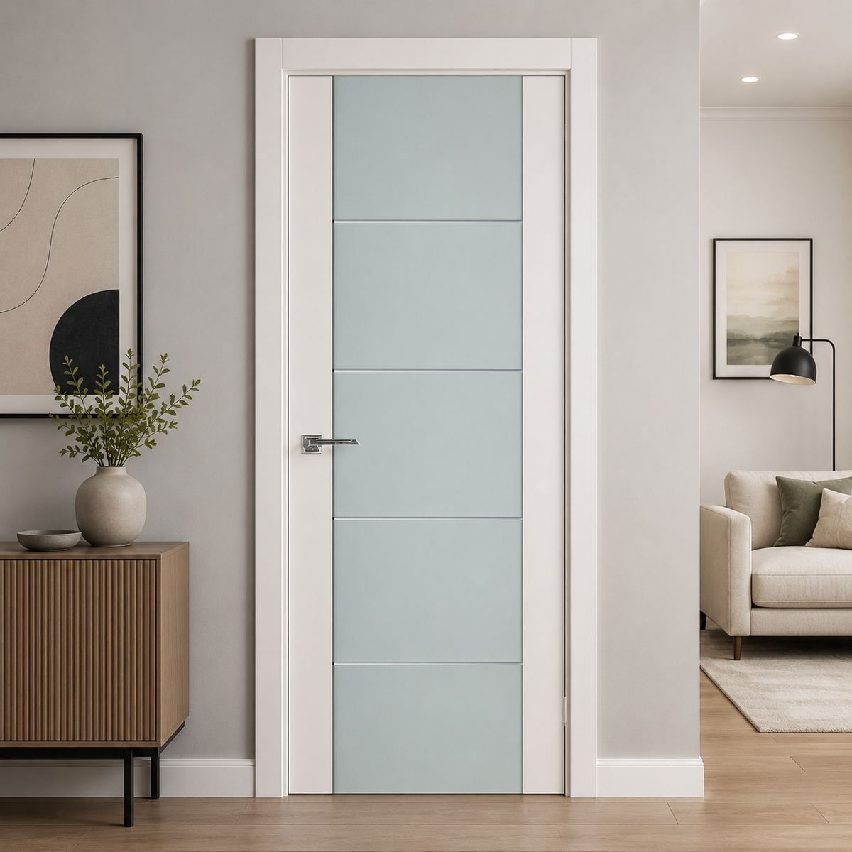Nova Triplex 007 Soft White Laminated Modern Pre-Hung Door - Doors and Beyond