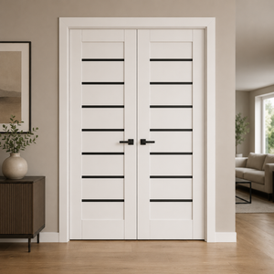 Nova Domino 01 Soft White Laminated Modern Double Pre-hung Door - Doors and Beyond