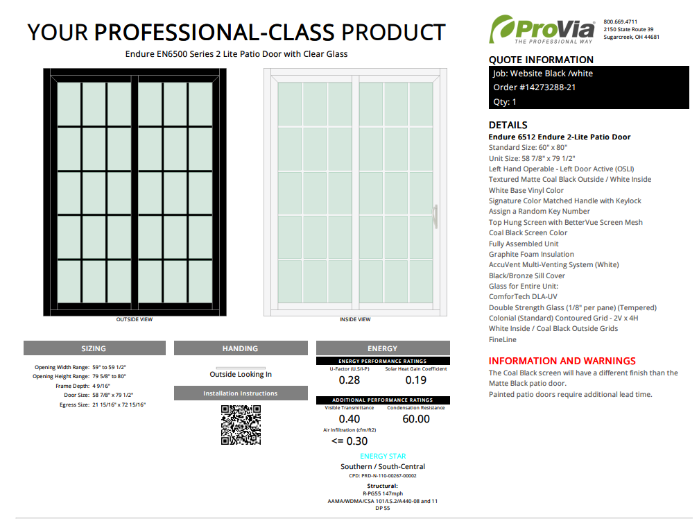 ProVia Endure 2-Lite Patio Door 60x80 Black/White Double Pane Low-E W Argon Gas Colonial Grills - Doors and Beyond