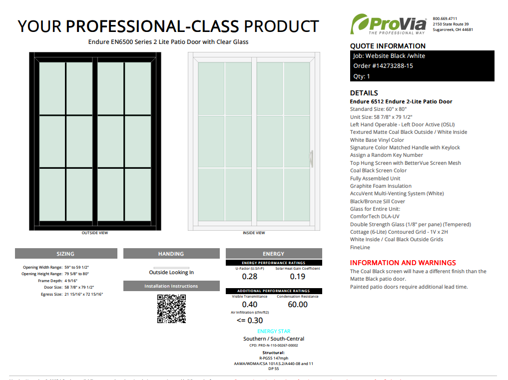 ProVia Endure 2-Lite Patio Door 60x80 Black/White Double Pane Low-E W Argon Gas Cotage 6 Lite Grills - Doors and Beyond