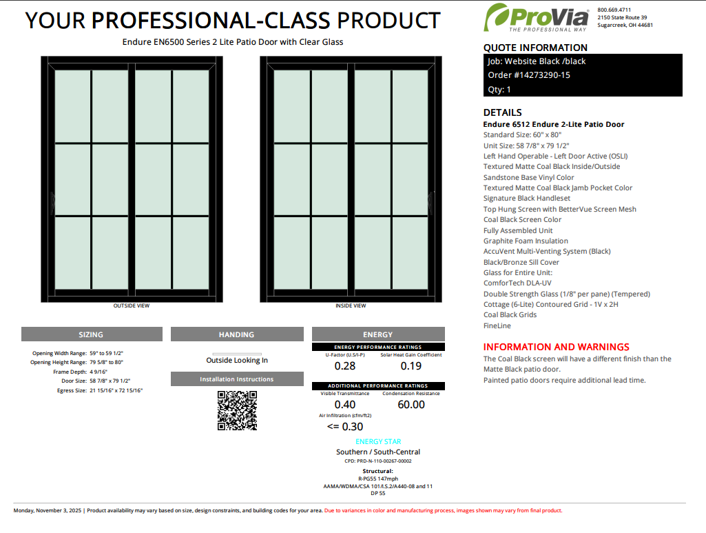 ProVia Endure 2-Lite Patio Door 60x80 Black/Black Double Pane Low-E W Argon Gas Cotage 6 Lite Grills - Doors and Beyond