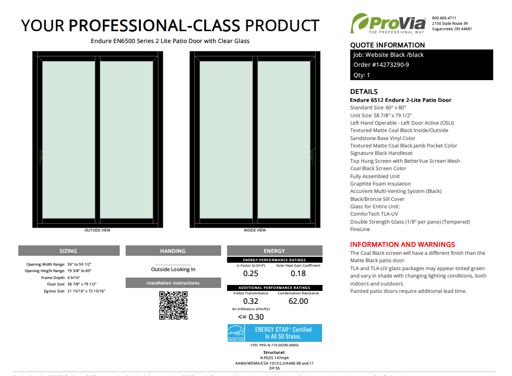 ProVia Endure 2-Lite Patio Door 60x80 Black/Black Double Pane Low-E W Argon Gas - Doors and Beyond