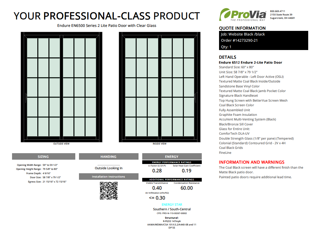 ProVia Endure 2-Lite Patio Door 60x80 Black/Black Double Pane Low-E W Argon Gas Colonial Grills - Doors and Beyond