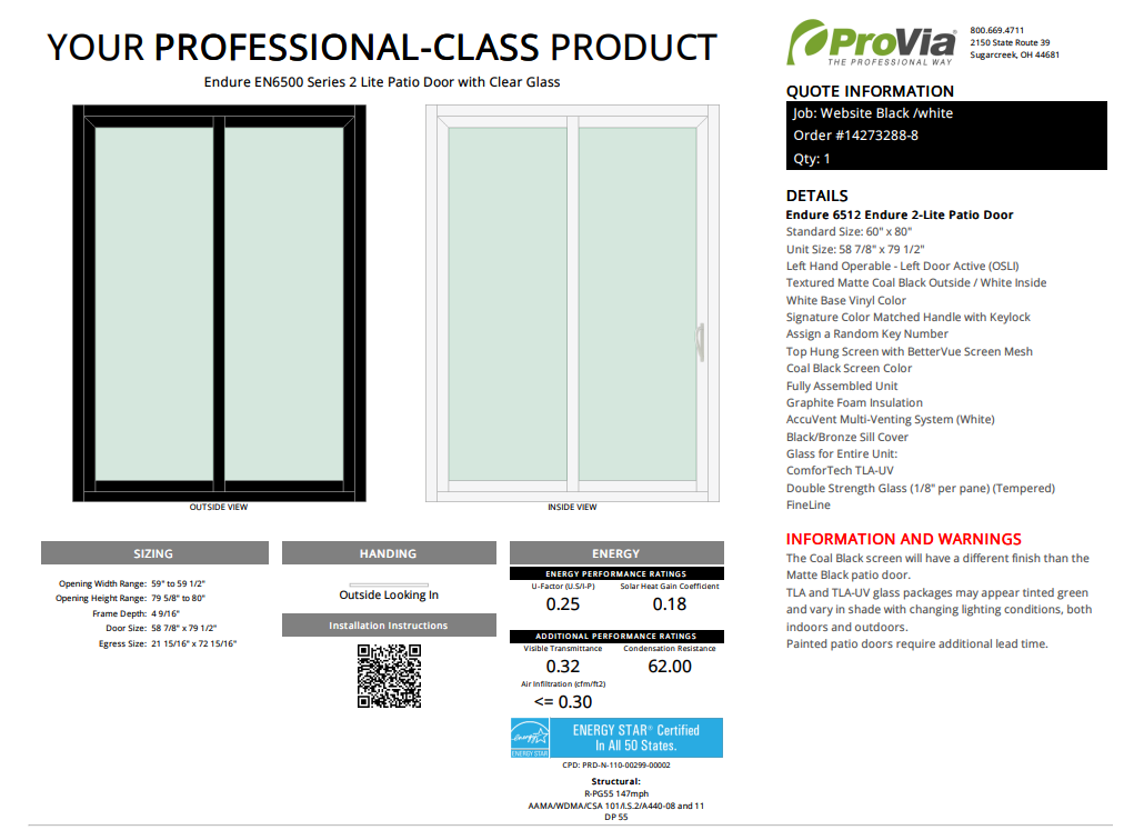 ProVia Endure 2-Lite Patio Door 60x80 Black/White Triple Pane Low-E W Argon Gas - Doors and Beyond