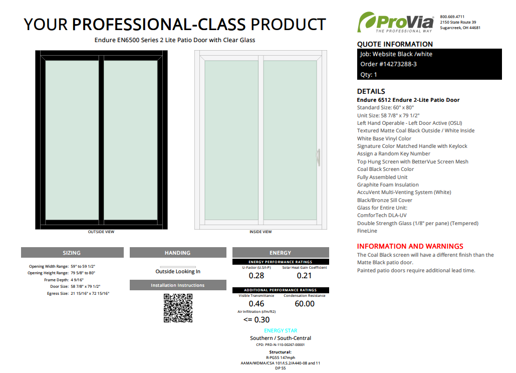 ProVia Endure 2-Lite Patio Door 60x80 Black/White Double Pane Low-E W Argon Gas - Doors and Beyond