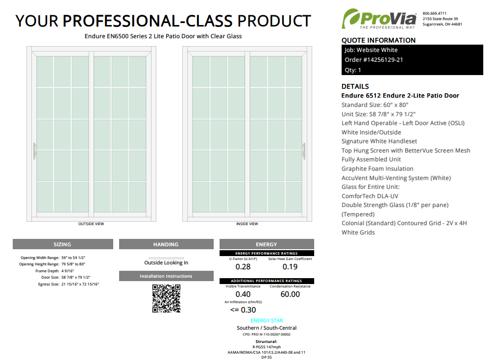 ProVia Endure 2-Lite Patio Door 60x80 White/White Double Pane Low-E W Argon Gas Colonial Grills - Doors and Beyond