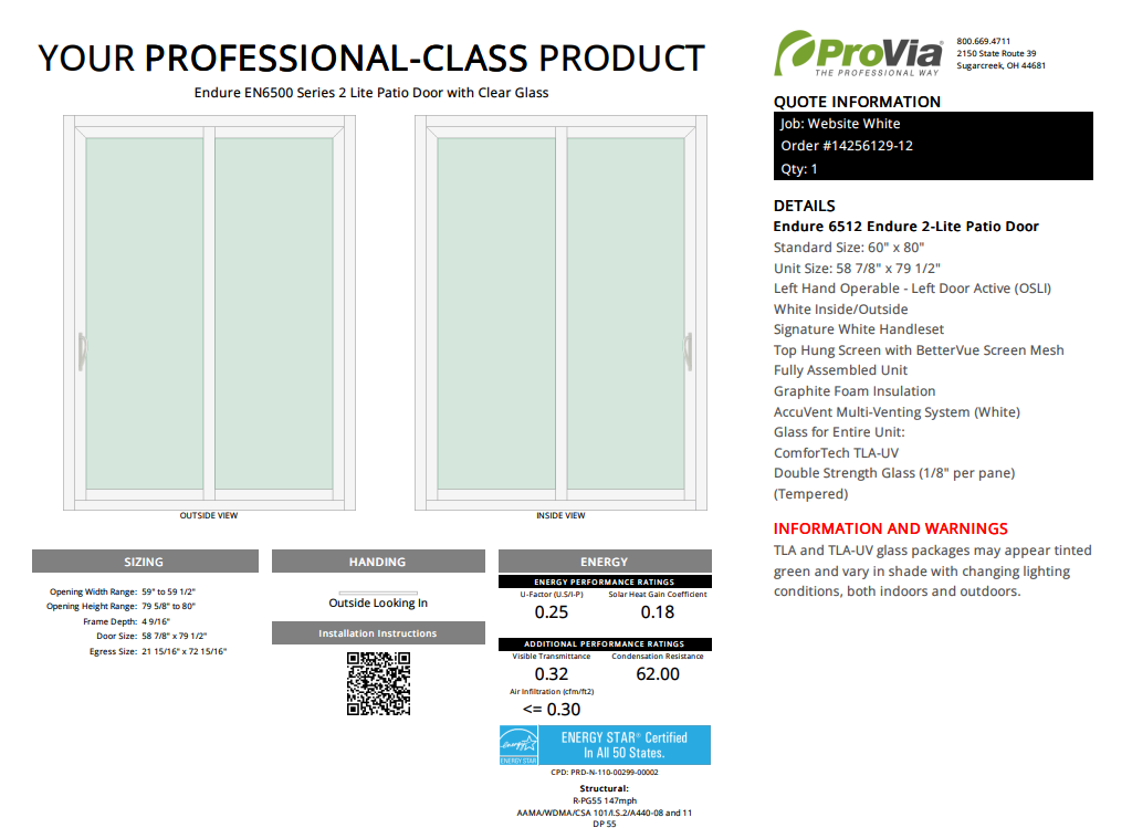 ProVia Endure 2-Lite Patio Door 60x80 White/White Triple Pane Low-E W Argon Gas - Doors and Beyond