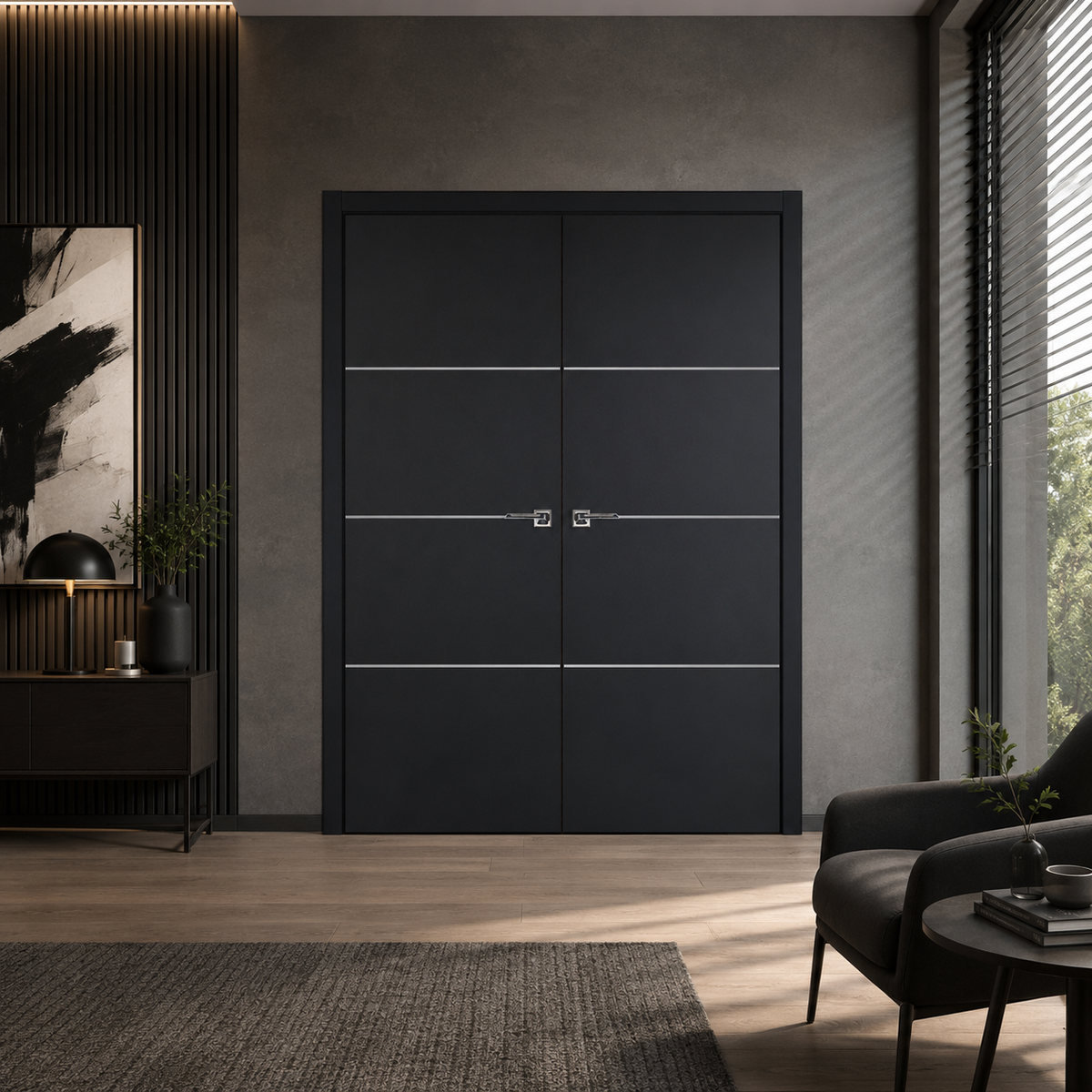 Nova Glam Pro 009 Soft Black Laminated Modern Double Pre-Hung Door - Doors and Beyond