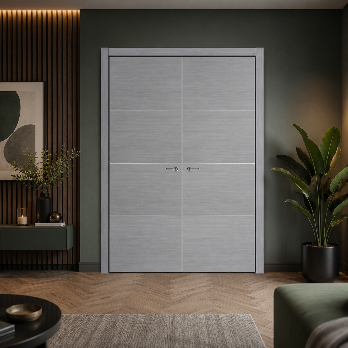 Nova HG008 Silver Wood Laminated Modern Double Pre-Hung Door - Doors and Beyond