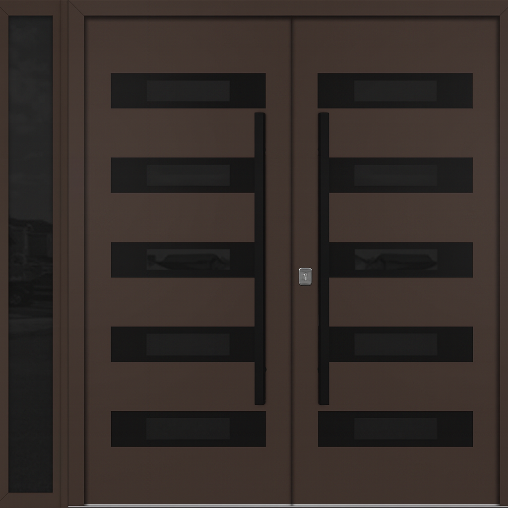 Nova Inox S5 Modern Exterior Double Door W/ (1) 12" Sidelight - Unit 86x81 3/8 - Black Stainless - Brown