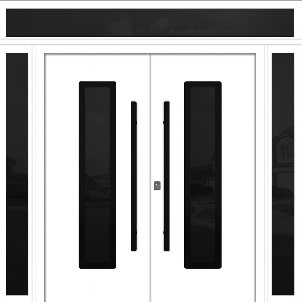 Nova Inox S1 Modern Exterior Double Door 72x80 W/ (2) 12" Sidelight and Transom - Unit 98x95 3/8 - Black Stainless - White