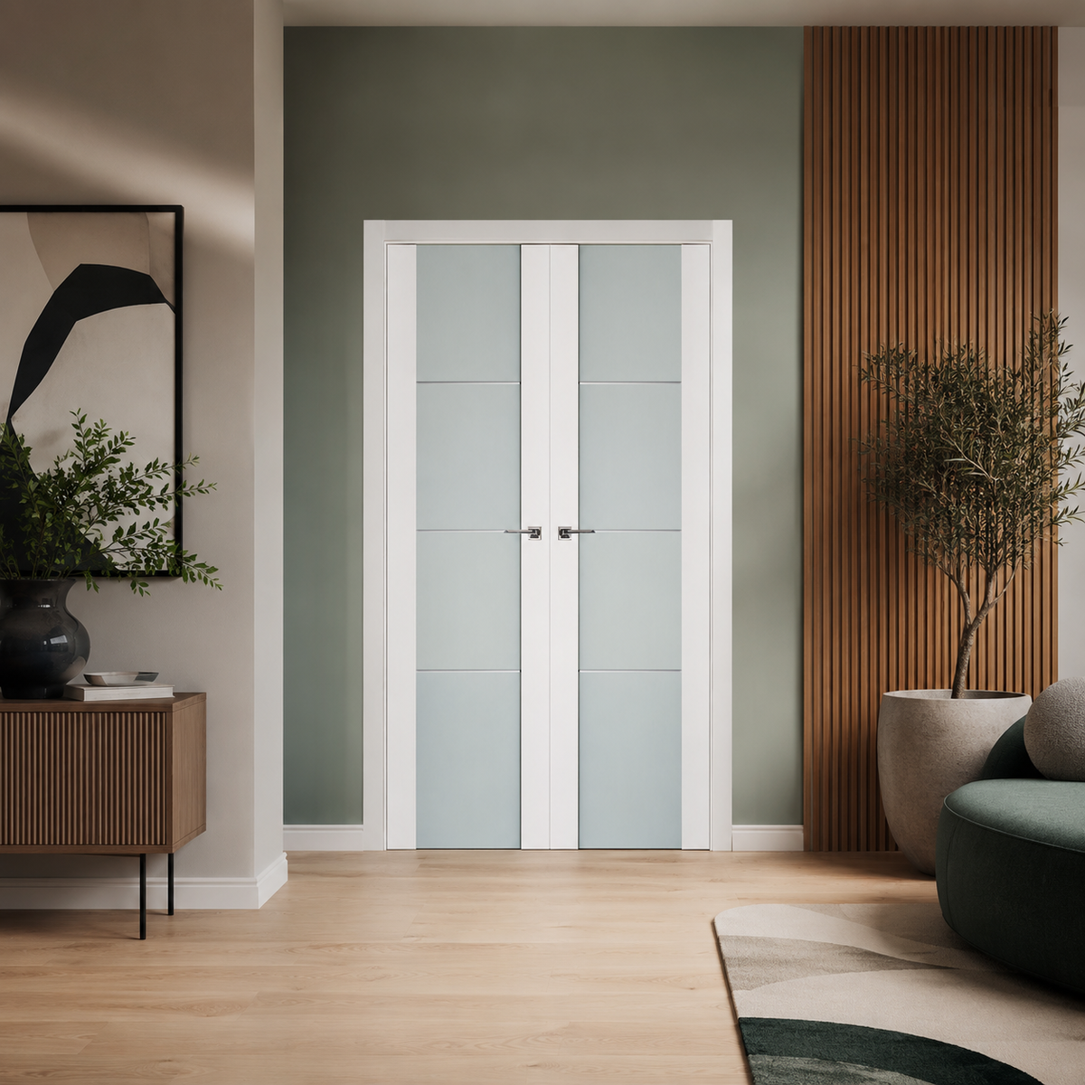 Nova Triplex 006 Soft White Laminated Modern Double Pre-Hung Door - Doors and Beyond